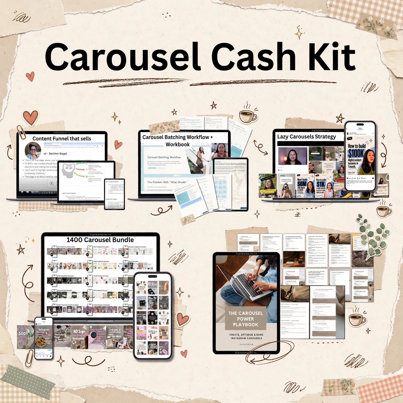 Carousel Cash Kit — full product mockup with laptops, tablet, phones and workbook