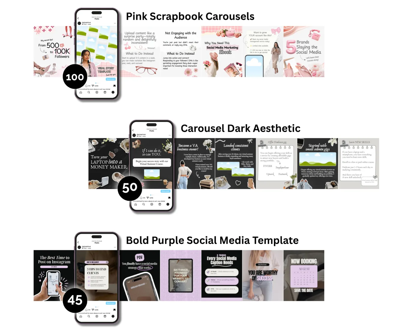 Carousel template styles preview — 3 aesthetic collections