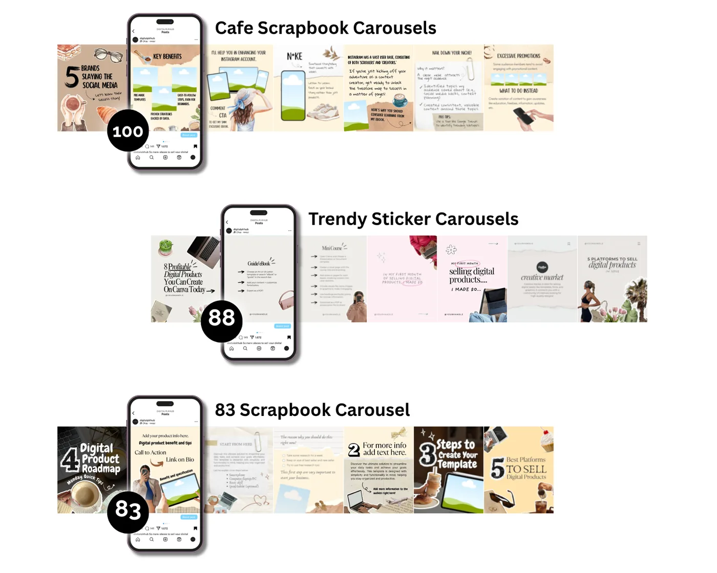 Carousel template styles preview — 3 aesthetic collections