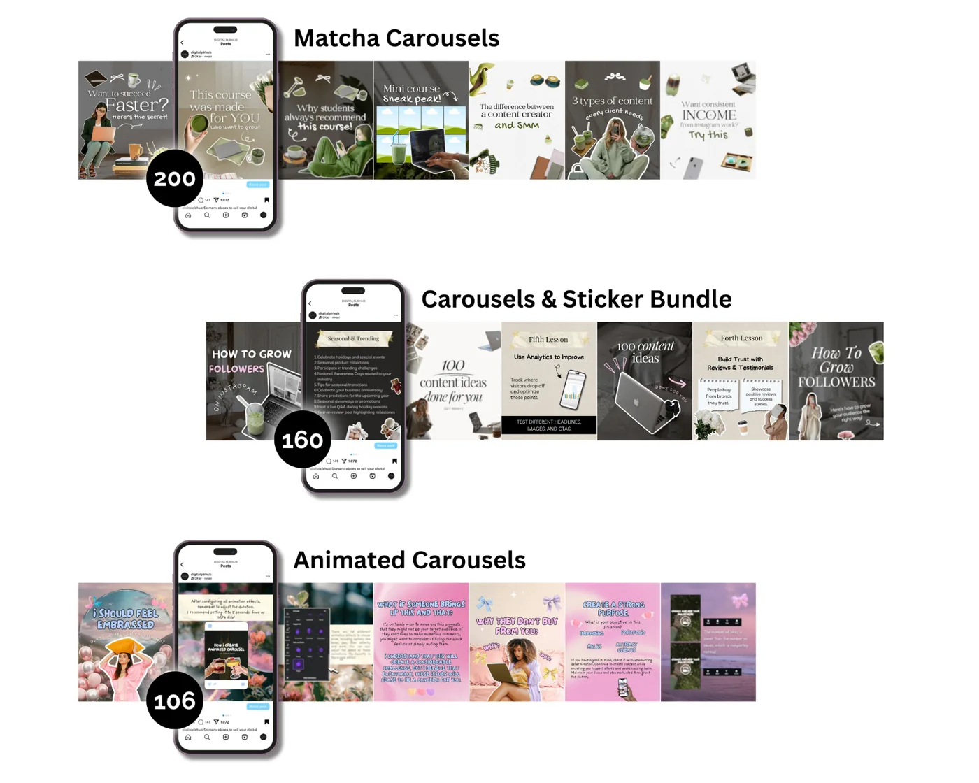 Carousel template styles preview — 3 aesthetic collections